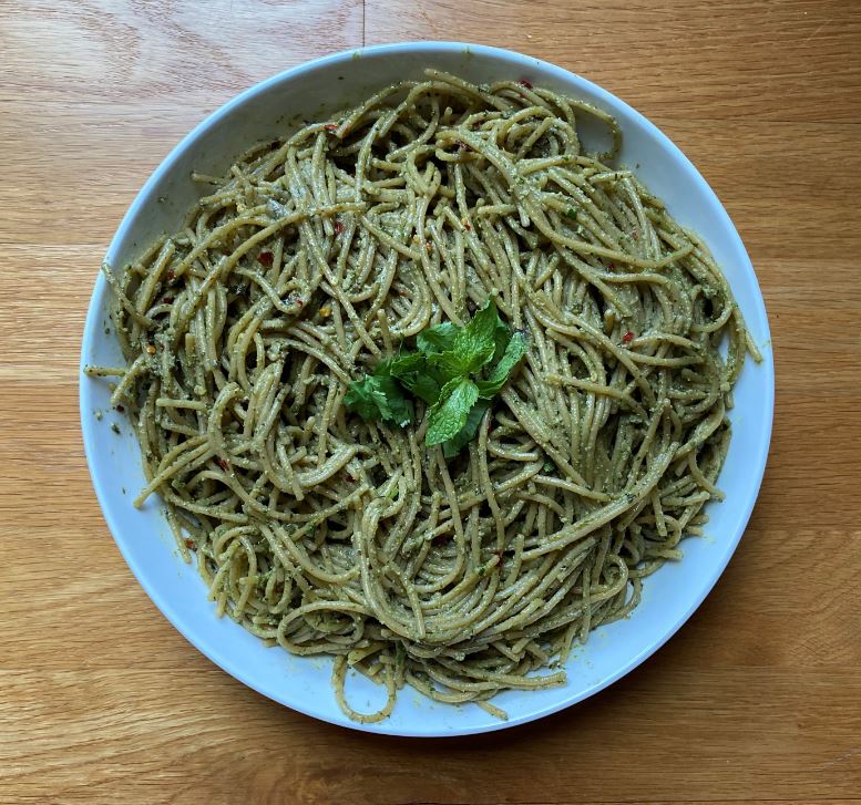 Noodles with Mint-Cilantro-Pumpkin Seed Sauce